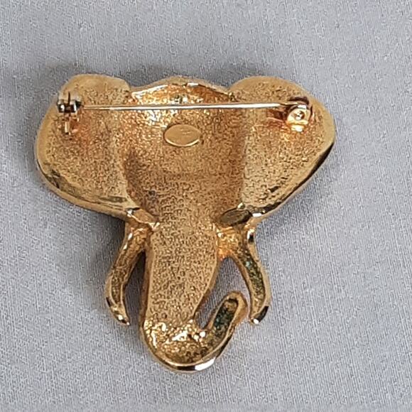Vintage 1980s Elephant Head Brooch Heavy Gold Tone Metal Brown Green Enamel - Picture 6 of 11